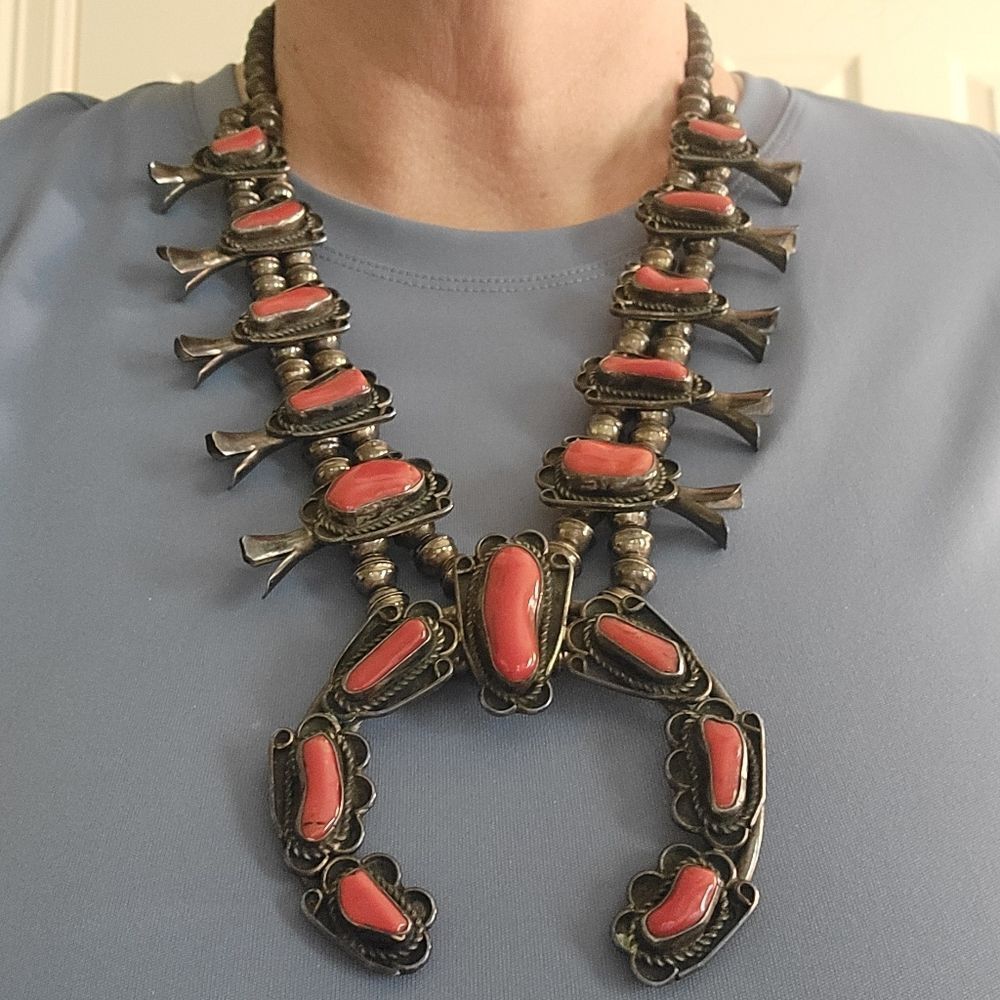Vintage Navajo 1960's Red Coral Squash Blossom Necklace - Picture 2 of 11